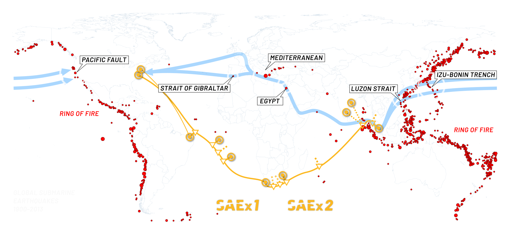 World Map of Submarine Earthquakes 1900-2013