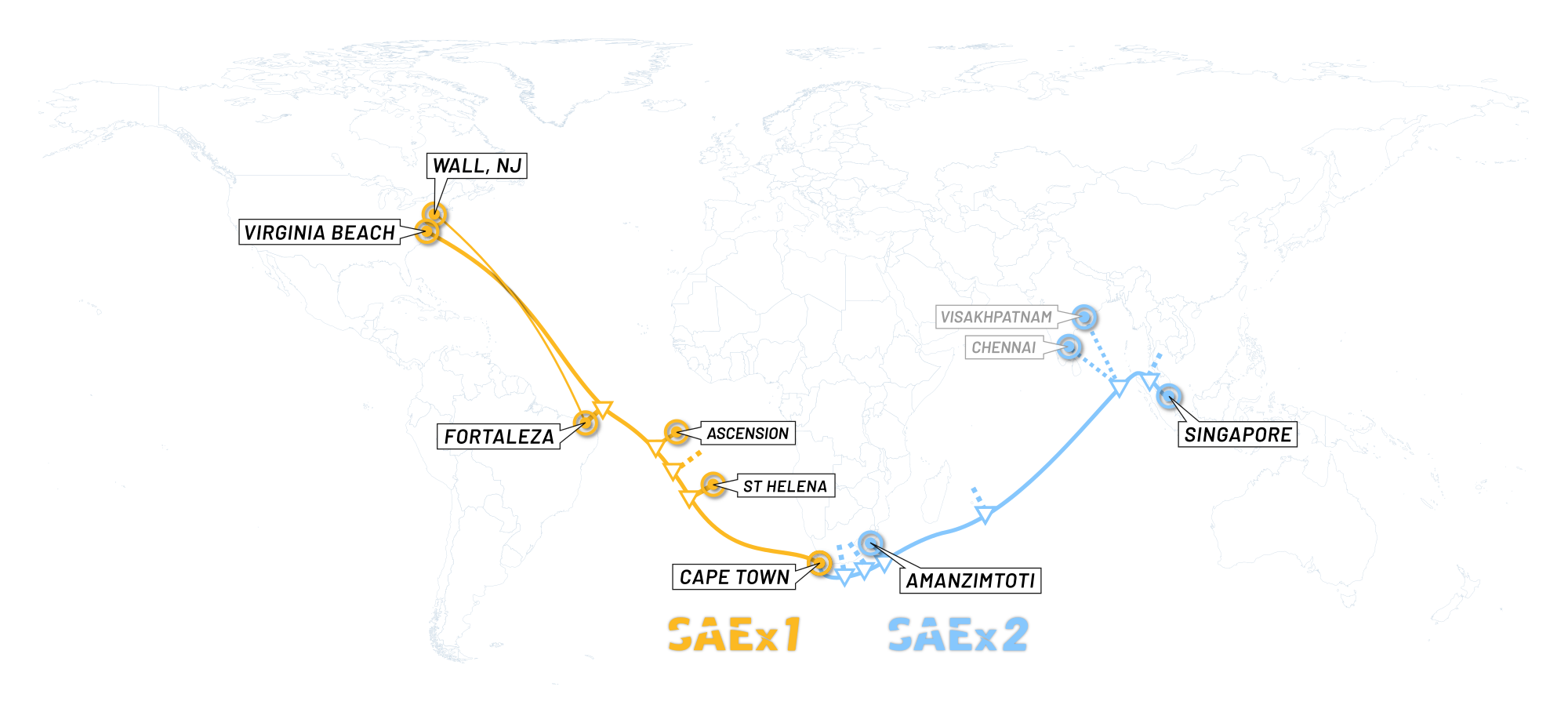 Map of South Atlantic Express Cable (SAEx1) and South Asia Express Cable (SAEx2)